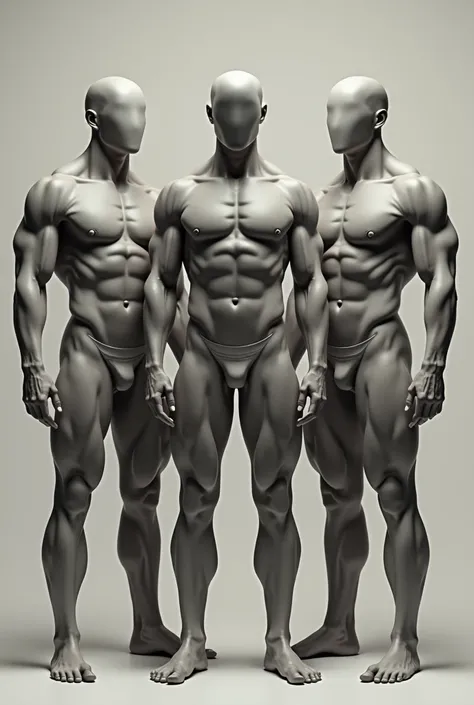 Can you make me an image of three muscular men without faces, that is, they have no eyes., neither mouth  