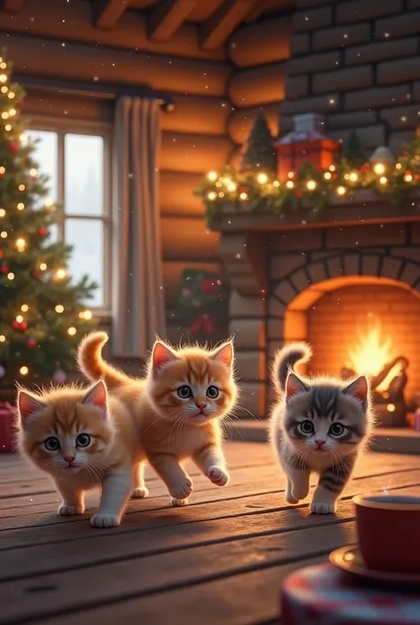 A Christmas atmosphere inside a cabin with kittens playing 