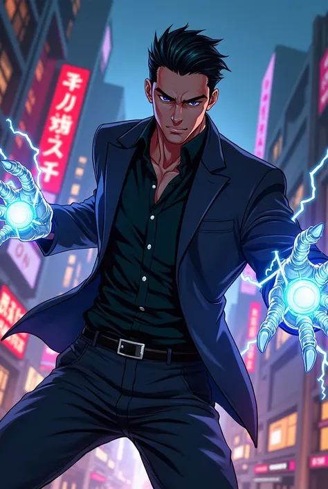 Man in black suit with anime style electric claws