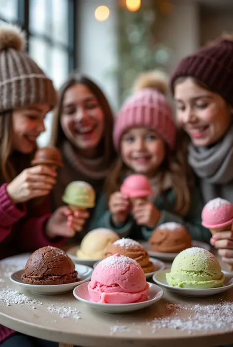 a family having gelato on their table during winter, showcasing the gelato on the table