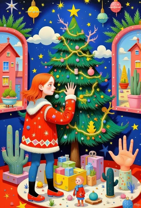 a painting of a girl is decorating a christmas tree, colorful kids book illustration, children book illustration, illutstration, jen bartel, children’s book illustration, childrens book illustration, full color illustration, christmas tree, by Ni Duan, chi...