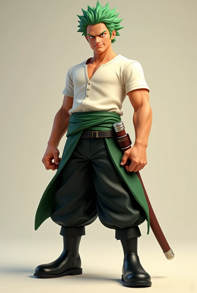 Roronoa Zoro wearing a white short-sleeve henley shirt, a green haramaki, black pants and black boots in pixar style 