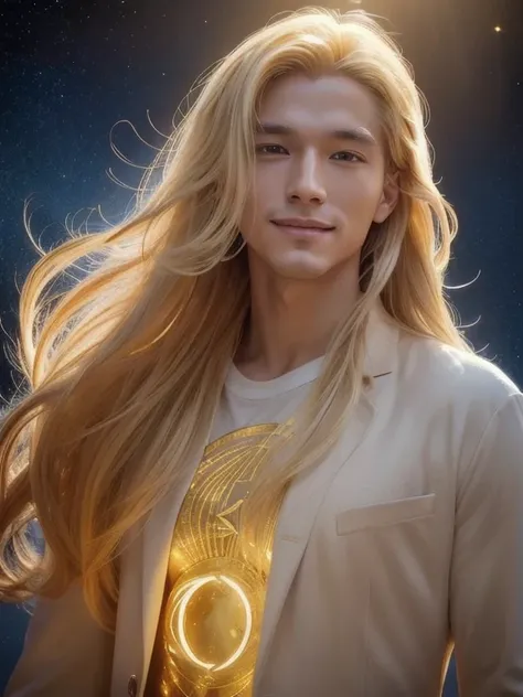 Creating a man with unique characteristics,  golden yellow hair and confident smile inspired by Leo and the stars in space 、What is an artistic expression of the essence of this zodiac sign , With impressive features and a mysterious atmosphere,  leaves go...