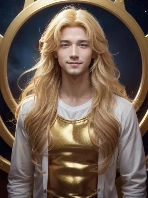 Creating a man with unique characteristics,  golden yellow hair and confident smile inspired by Leo and the stars in space 、What is an artistic expression of the essence of this zodiac sign , With impressive features and a mysterious atmosphere,  leaves go...