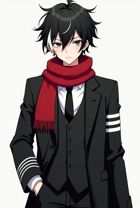 anime boy, black hair with white tips ,  messy hair .  white shirt with tie ,  black vest,  above a black coat with two horizontal black lines on the left arm. pantalones negros. red scarf 