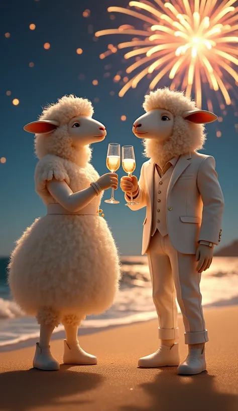  An ultra-realistic image of a cute and tall sheep , with soft and dense fur , wearing a beautiful white outfit ,  an elegant pearl-tone summer dress with delicate and subtle details .  She is facing her husband , also a sheep with white fur and equally ta...