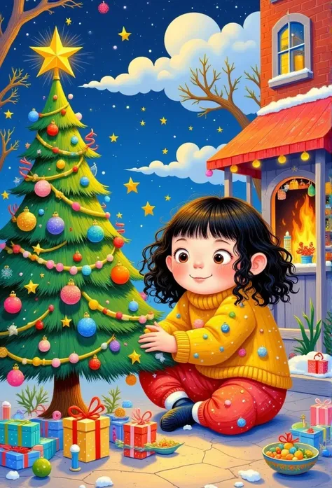 a painting of a girl is decorating a christmas tree, a storybook illustration by Ni Duan, behance contest winner, naive art, colorful kids book illustration, children book illustration, illutstration, jen bartel, childrens book illustration, children’s boo...