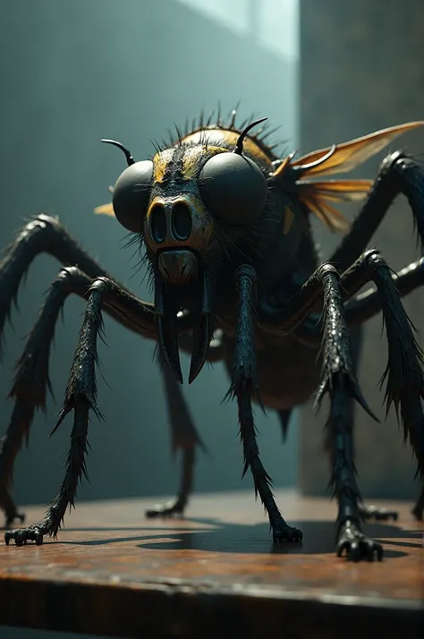 ,  creates a super cinematic hybrid fusion between a big fly and a tarantula on a table , Threatening shape , 