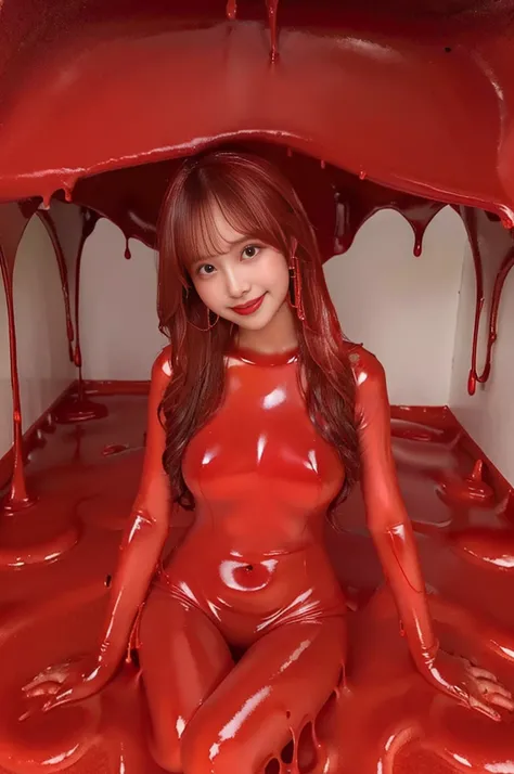 ((masterpiece, top quality,Ultra delicate, perfect face, detail eyes,16k, high definition , very cute red slime girl)),standing,(( high viscosity Red Slime Body:8.0  ,red slime legs are melting into a mush:9.0,,Melting Red Slime Body , Melting Red Slime Lo...