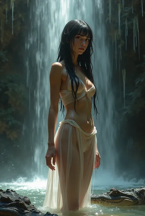 A girl is bathing under the waterfall wearing Pink transparent clothes, her wet body, her breasts and buttocks are clearly visible, there are crocodiles nearby.