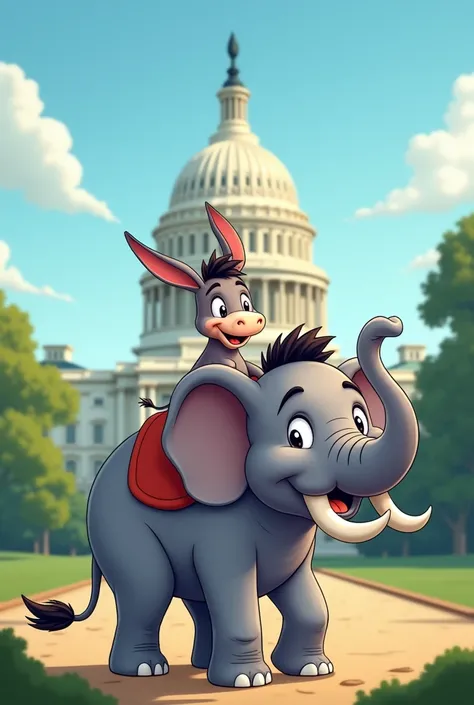 Cartoon Donkey riding on the back of a cartoon Elephant in front of the Capitol building