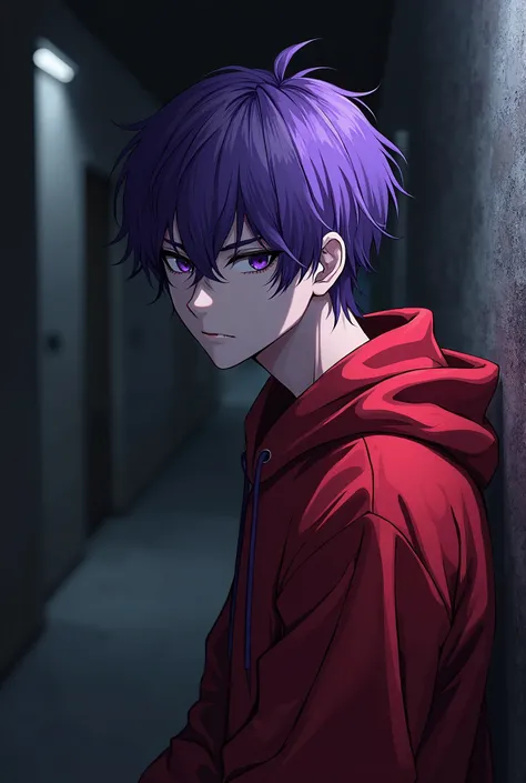 anime boy,  purple hair, red sweatshirt, Gothic 