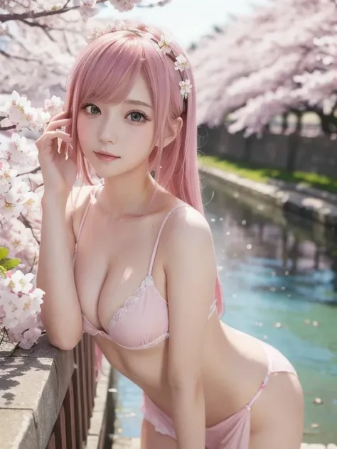  A girl with pink hair and green eyes is ready for a photo shoot, Haru Sakura ,  Best Anime 4K Konachan Wallpaper ,  Seductive Anime Girls , Minatogawa Marin Fanart , Cherry blossom petals around her,  splash art anime loli, Anime Style 4k,   Anime Moe Art...