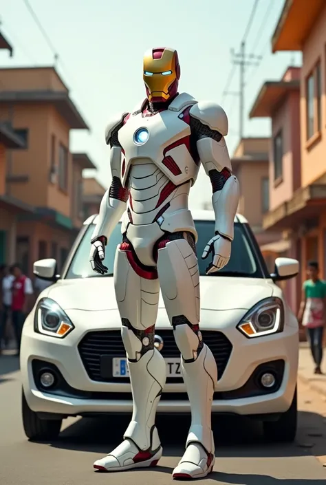 Generate a image of iron man in hd in white suit on indian road beside a swift