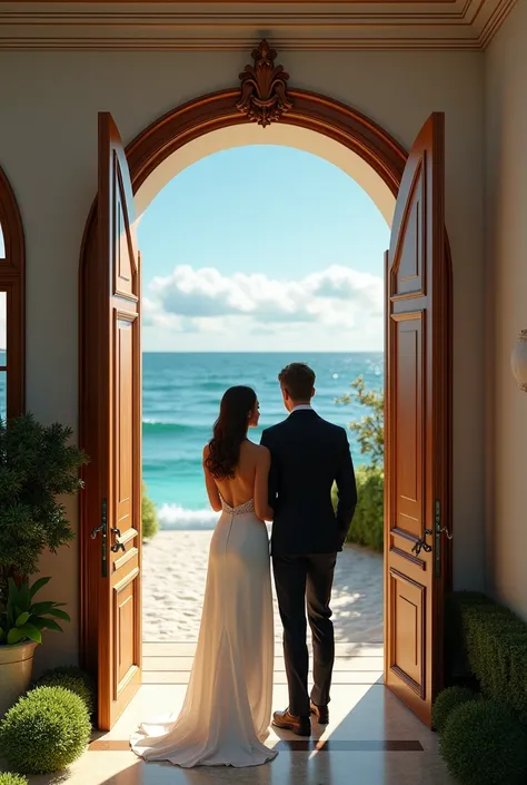 An elegantly dressed woman and man knock on the door of a beautiful house on the beach