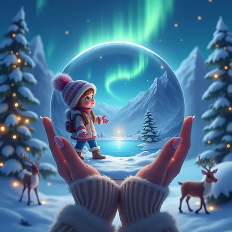  Crystal Ball Close-up of a Cat Visible Snow Northern Lights and Snowy Mountains, Reindeer Christmas Trees , New Year&#39;s garlands,  Very Beautiful The Girl Looks in Her Hands and Looking into the Crystal Ball ,  A girl in a hat with a bubon and Warm Fur...