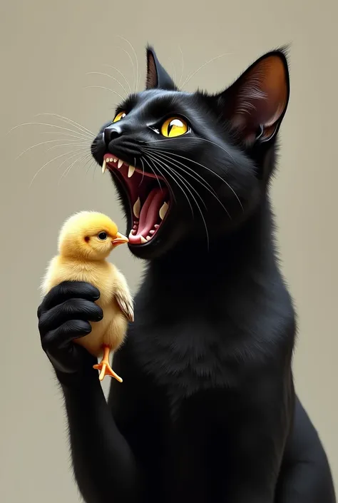 Draw a realistic picture of a black cat with a chic in its paw the black cat opens its mouth wide