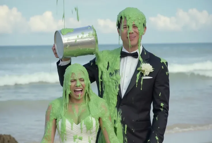 Wedding photograph. Korean teen covered in green water. Photorealistic. Wet liquid. Nasty slime. Raw photo. Wearing white wedding dress. Wearing wedding veil. Cleavage. outside beach. Green Slime. Dripping green goo. 18 years old. Wet green liquid. (Caucas...