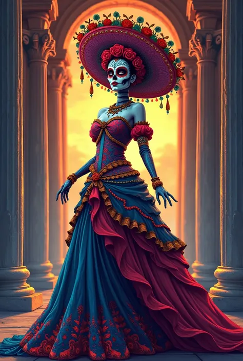 Catrina day of 
Muertoa beautiful colorful vector terrifies realistic in pantheon 