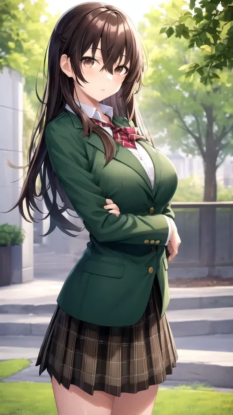 masterpiece, best quality, high quality, girl, solo, looking at viewer, yuuya_tenjou, brown hair, hair between eyes, brown eyes, large breasts, black neckerchief, blazer, green jacket, long sleeves, plaid skirt, green skirt, standing, cowboy shot, outdoors