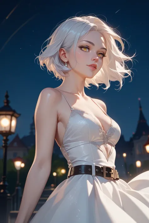 Girl, short white hair, white dress, belt, pale, night, elegant, close up, yellow eyes, otherwordly