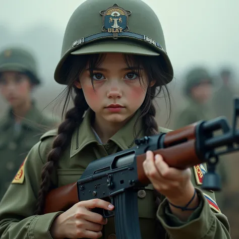 1 girl, sensitive eyes, military uniform, AK-47, actuel, kalashnikov_rifle, agression_rifle, Holding_handgun