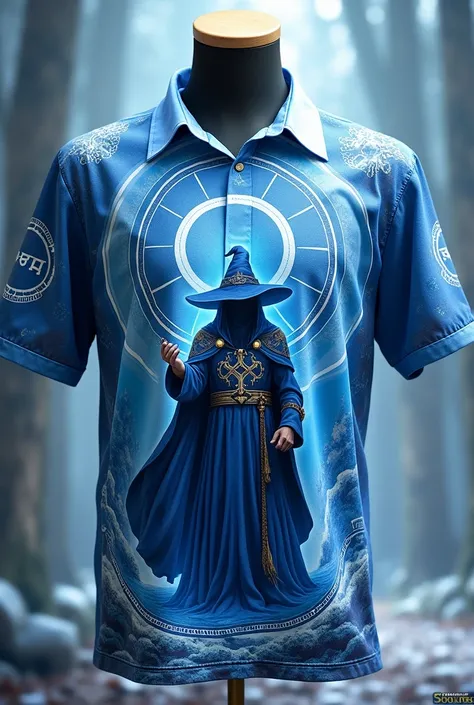 White and blue interclass shirt with a wizard as a shield