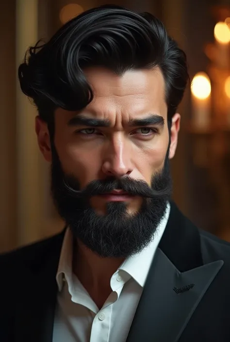 man, White,  black hair, big black beard with a pretty mustache, beautiful, elegant, luxurious