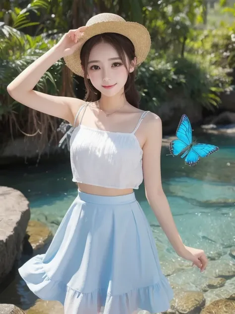  1 girl, Clear water, Blue Butterfly,  Pure White Gauze Skirt , Sparkling