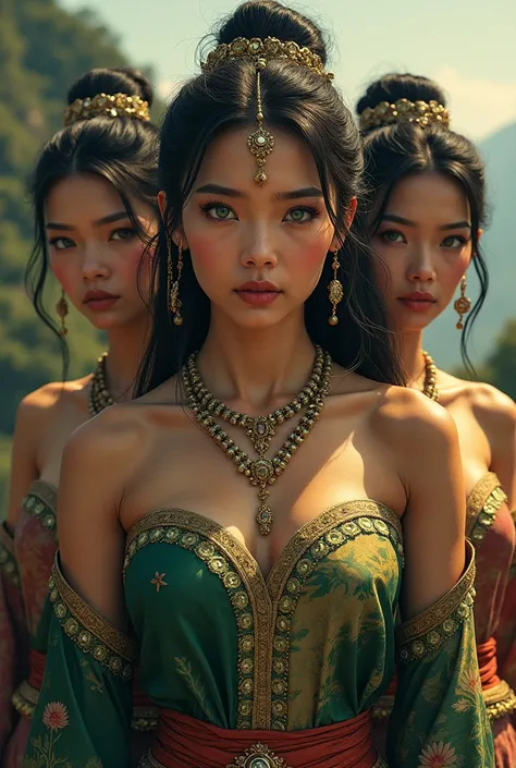 3 beautiful women with elegant clothes green eyes jewelry from the island of Borneo Indonesia 9th century beautiful landscape the best quality