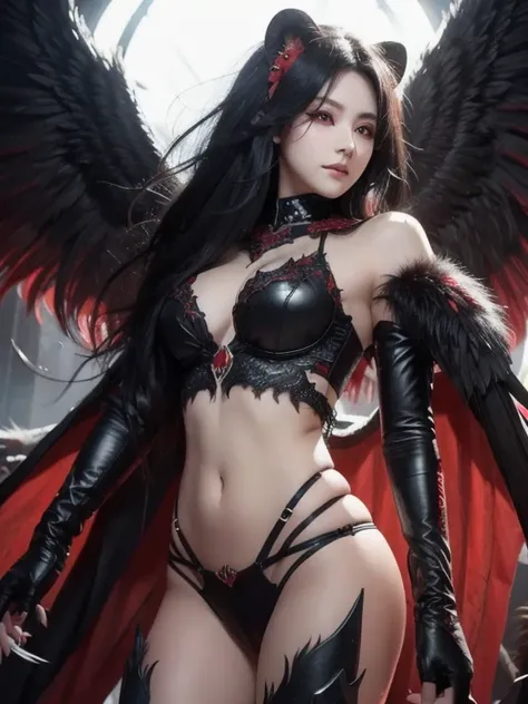  lion ,  black hair,  red eyes, Wings, Very monstrous