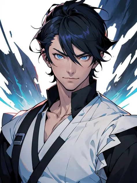 anime - style illustration of a man with a black apron and white shirt, handsome guy in demon slayer art, shigenori soejima illustration, official character art, official character illustration, male anime character, tall anime guy with blue eyes, delicate...