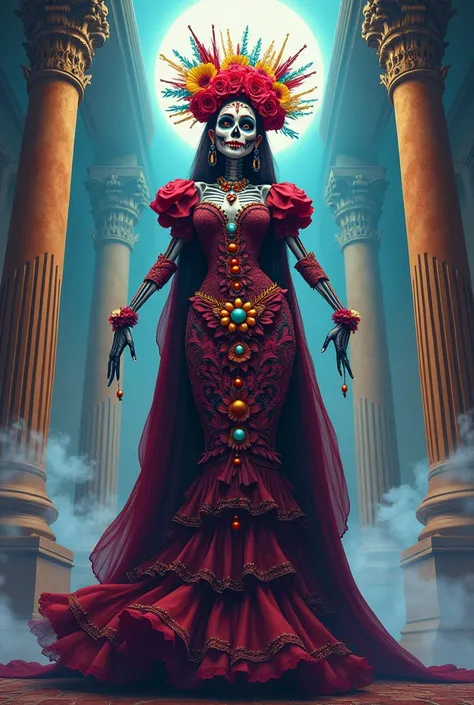 Catrina day of 
Dead cute colorful vector terrifies in pantheon with crosses and fog