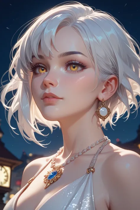 Girl, short white hair, white dress, belt, pale, night, elegant, close up on face, yellow eyes, otherwordly, necklace with a clock