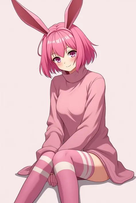 A woman with white skin and pink hair with pink bunny ears and pink pupils wearing a pink oversized turtleneck and pink thigh high socks with white stripes on it drawn in an anime style