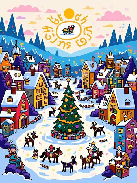  a magical Santa Claus village located in a snowy valley. The village should be filled with bright, colorful houses with Christmas lights and smoking chimneys. In the center of the village is a large Christmas tree decorated with toys and garlands. Around ...