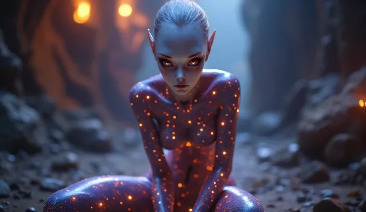 a beautiful alien with a human appearance, Eyes shine like stars ,  full body photo , beautiful calves,  slender legs , 8k, detailed,  Photorealistic, очень detailed,  intricate details, elegant, mesmerizing,  cinematic lighting , dramatic pose,  dynamic c...