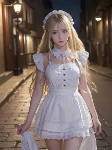 ((masterpiece)), (( top quality )), (( High Definition )), (( detailed background)), (( Highly Detailed CG Unity 8K Wallpaper)), Alone, Shiona, Blonde,  long hair,  blue eyes, Hair bundle,  cowboy shot,  outdoors on the street at night, ((  maid clothes))