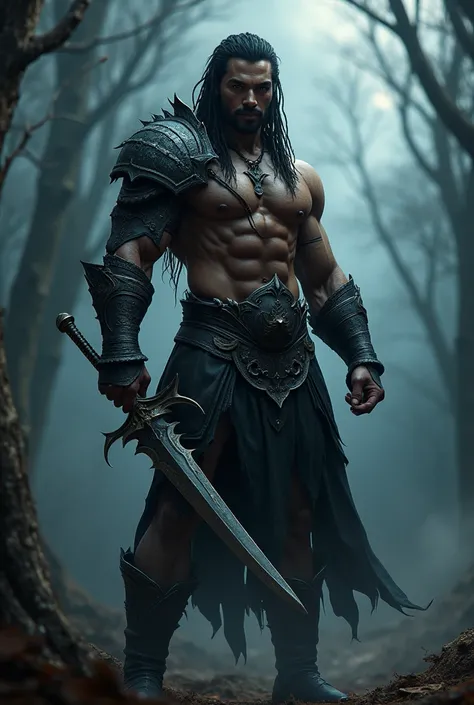 (photorealism: 1.2), black man, dark skin, heartthrob, tall, handsome, very muscular and wide body, 25 years old, long black hair with dreadlocks, brown eyes, serious and dark look, wearing red dragon leather armor dark, holding two large serrated blades. ...