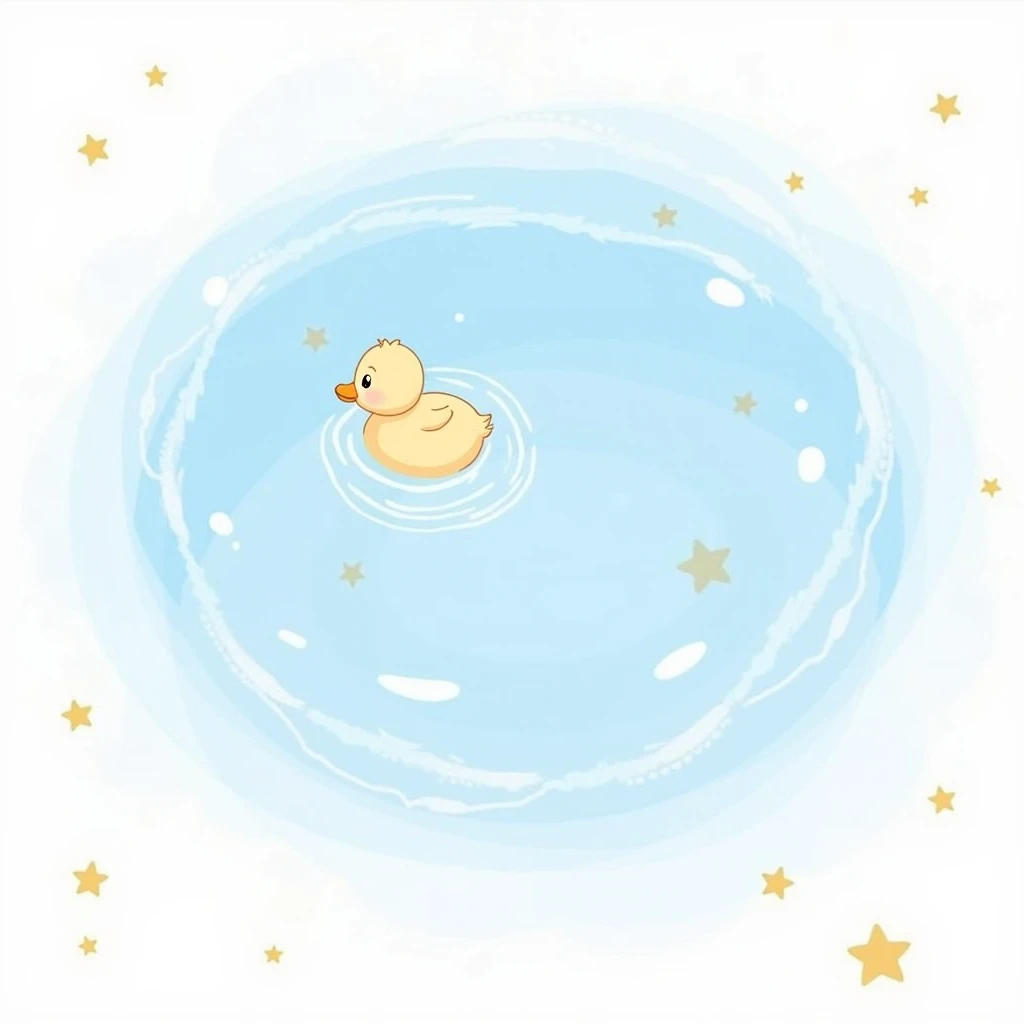 A cute, cartoon duckling floats on a placid pool of water. The duckling is light yellow and has large, expressive eyes and a small, rounded beak. It is positioned in the center of the image and is facing to its right. The water is a light, pastel blue with...