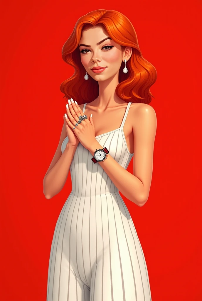 A young, tanned woman, probably in her late teens or early twenties, is the central figure. She has dyed red hair. She is wearing a white dress with bronze tan lines. She is wearing a watch and several rings. Her hands are clasped in front of her. The back...