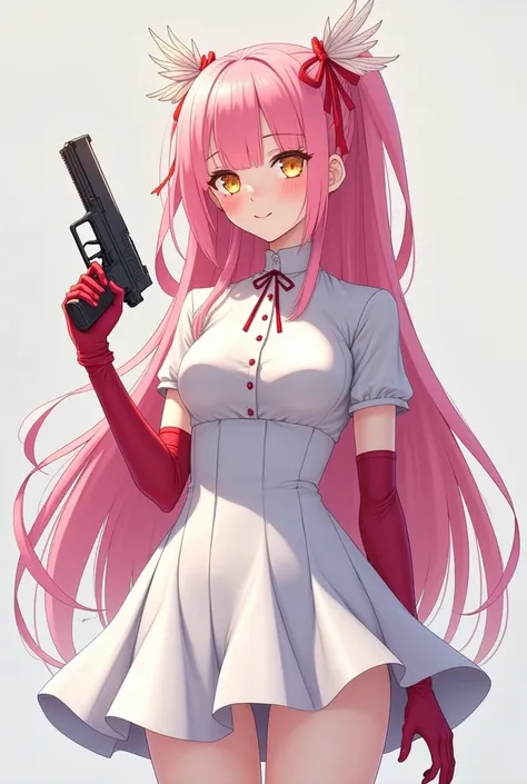 Anime, pink hair, long hair, white school dress, yellow eyes, tied hair with wings, straight waist, wearing white stockings, wearing red gloves, holding a pistol