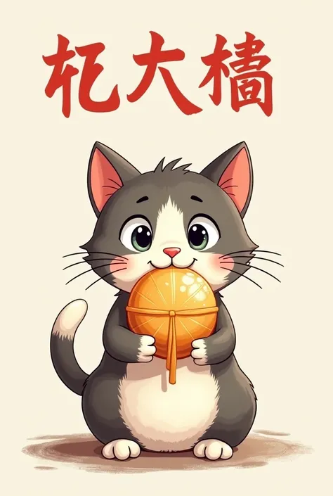 A cat with glutinous rice ball in its mouth and 冬至快乐 above that cat 