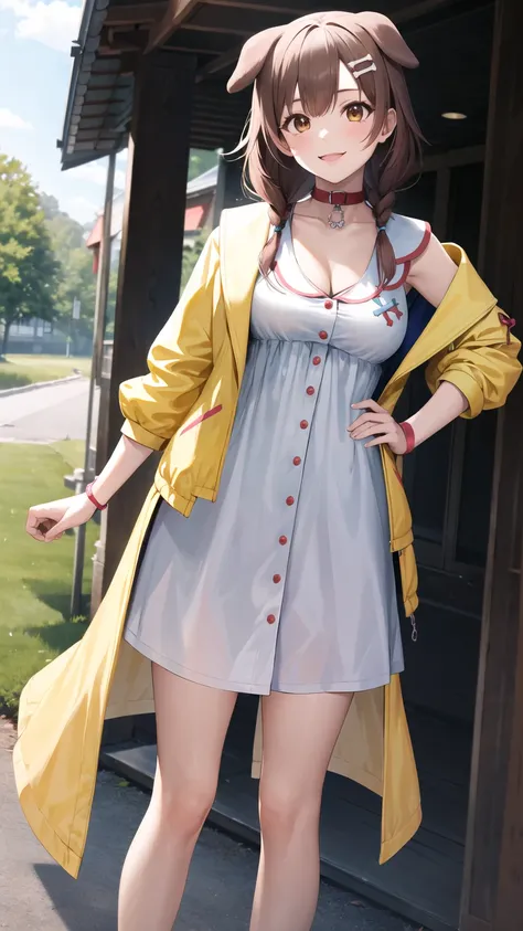 masterpiece, best quality, highres, ik1, 1girl, white dress, yellow jacket, dog tail, animal collar, cleavage, medium breasts, wristband, cartoon bone, hairclip, cowboy shot, standing, outdoors, smile, hand on hip,