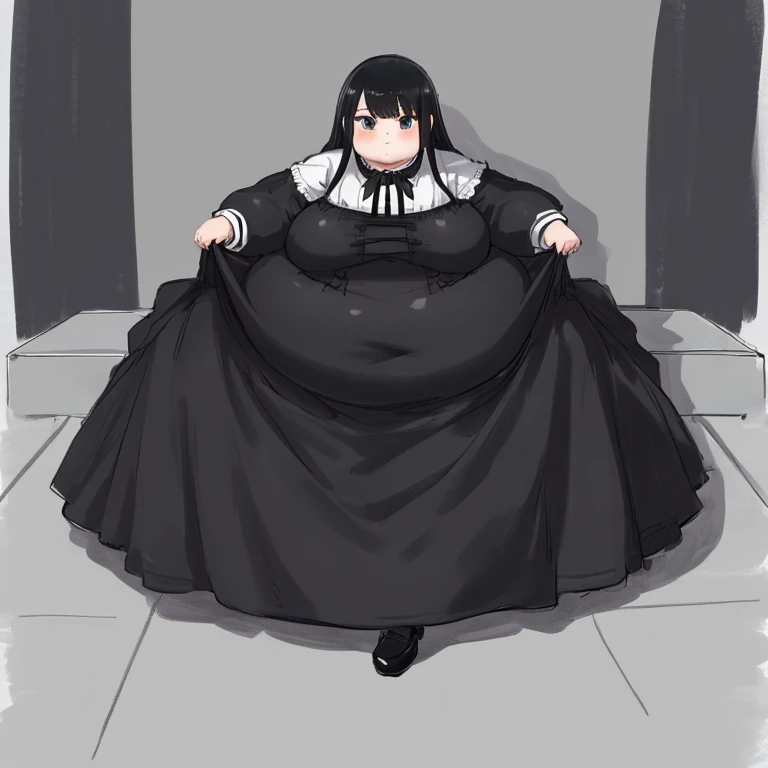 masterpiece,  best quality,Advanced Details,  long black hair ,  One Girl , bench,  very obese ,  The whole dress completely covers the body.、(black and white long sleeve dress clothes with collar gothic)、 high neck shirt、 long skirt, full body 、