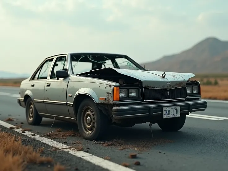 High quality realistic photo, a family car wrecked on the highway, the car body is dented and badly damaged, the car window is cracked, the photo was taken from the side angle of the car, photography by unreal engine