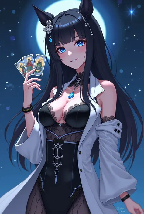 Create a fantasy anime character, sexy figure, white skin, blue eyes with stars, long black hair, no horse face, big breasts, wearing open breasted doctor dress in black, white, silver tone, holding tarot cards, standing on a sea of stars.