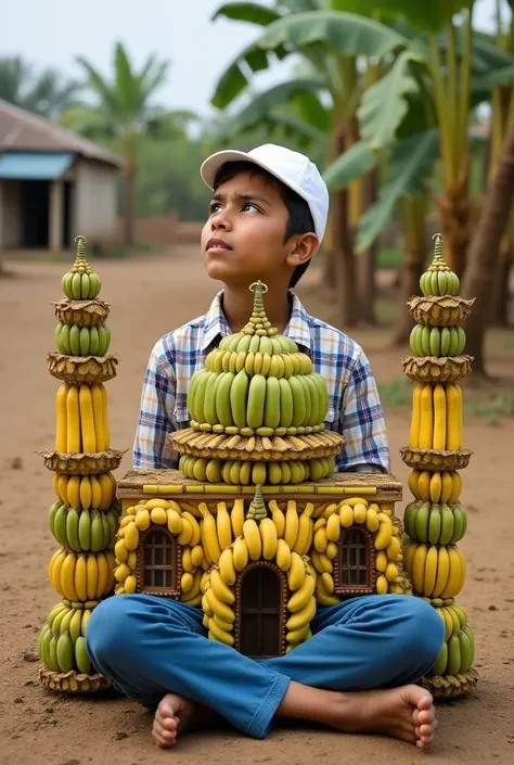 This image shows a boy wearing a white cap and a simple shirt, with a checkered pattern on his shirt and blue trousers. The boy is sitting cross-legged on the ground, looking at a replica of a mosque built entirely from bananas. The mosque consists of a la...