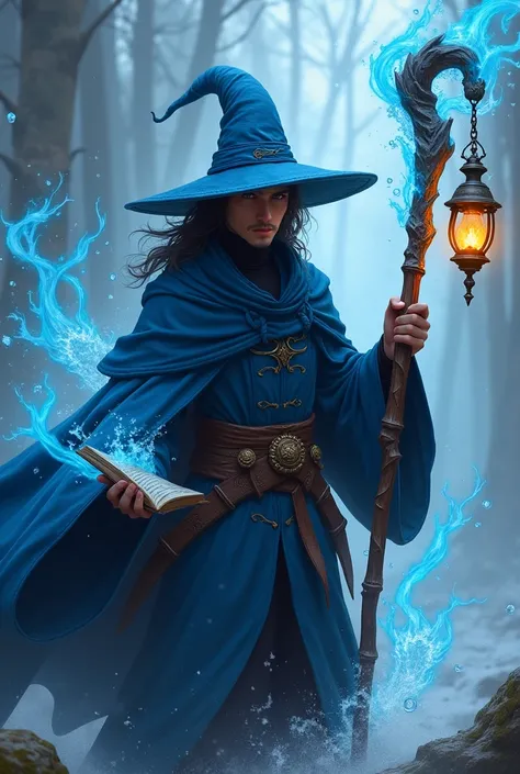 (photorealism:1.2), A young handsome dark-skinned RPG wizard, using a large wooden staff. who has a staff with a hanging copper lamp on the end, the lamp is blue fire and has a lantern design. fighting using water magic, his staff covered with water spirit...