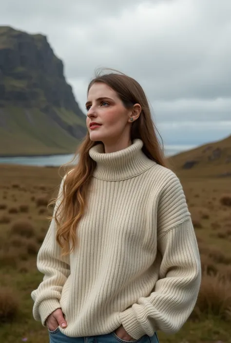 make her wear cotton sweater. details, make it realistic, Faroe Islands scenery.